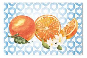Quadro contemporaneo Frutta siciliana - arance con fiori su uno sfondo di ornamenti blu