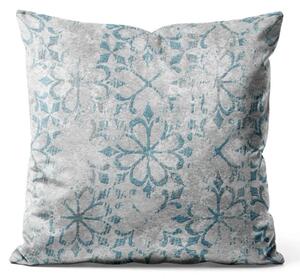 Cuscino in velluto Ornamento blu - motivo floreale su sfondo grigio texturizzato