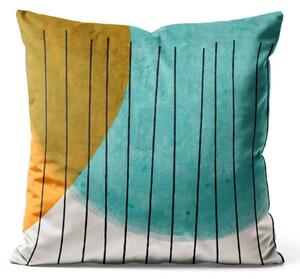 Cuscino in velluto Macchie di colore - forme arancioni e blu con un motivo lineare