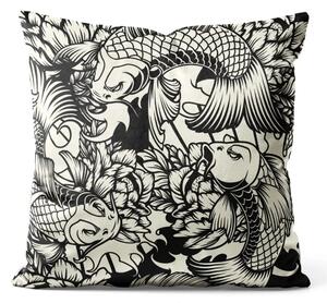 Cuscino in velluto Pesci tra i fiori - carpe koi in bianco e nero