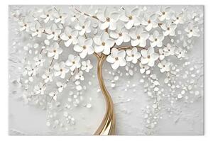 Quadro moderno Magnolia magica - albero dorato con fiori bianchi - panoramico