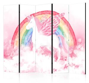 Paravento Pink power II - unicorno con ali e arcobaleno su uno sfondo di nuvole