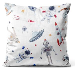 Cuscino in velluto Giochi spaziali - razzi e astronauti tra le stelle su sfondo bianco