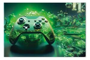 Quadro su tela Tecnologia di gioco - pad di gioco su uno sfondo verde intenso