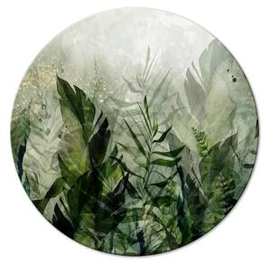 Quadro rotondo Piante tropicali - giungla con rugiada nebbiosa nei toni del verde