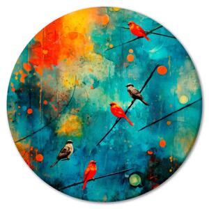 Quadro rotondo Raduno di uccelli - uccelli colorati su sfondo astratto multicolore