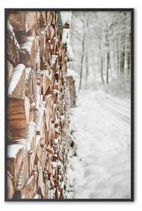 Poster: Foresta invernale - catasta di legna su una strada innevata