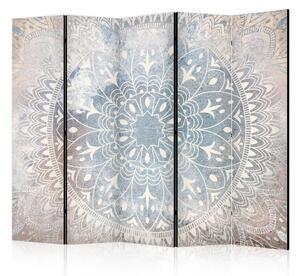 Paravento Mandala II - ornamento chiaro color crema su fondo blu