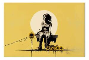 Quadro contemporaneo Ragazza e girasoli - composizione gialla ispirata allo stile Banksy