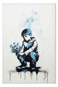 Quadro contemporaneo Fiori blu - un ragazzo con un bouquet ispirato allo stile Banksy