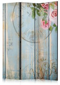 Paravento Giardino d'epoca - Fiori rosa su tavole di legno con scritte