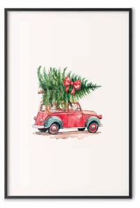 Poster: Trasporto natalizio - acquerello di un'auto rossa e albero di Natale