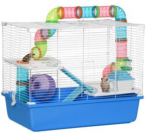 PawHut Gabbia per Criceti a 3 Livelli con Tunnel, Casetta e Ruota per Criceti, 59x36x47cm, Blu e Bianco