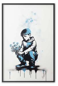 Poster: Graffiti blu - ragazzo con bouquet ispirato allo stile Banksy