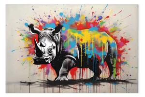 Quadro contemporaneo Rinoceronte colorato - murale con animale ispirato allo stile Banksy