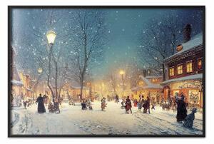 Poster: Cartolina invernale - una strada innevata illuminata da lanterne retrò