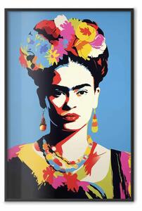 Poster: Ritratto blu - Frida Kahlo con fiori tra i capelli in stile pop-art