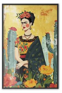 Poster: Frida Kahlo - composizione con la pittrice tra cactus e fiori