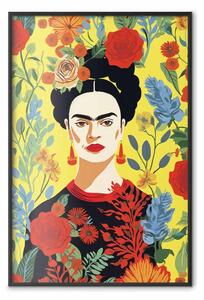 Poster: Frida Kahlo - ritratto geometrico su sfondo floreale giallo