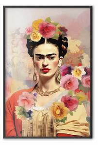 Poster: Ritratto sottile - Frida Kahlo su uno sfondo sfocato pieno di fiori