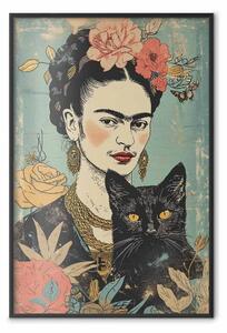 Poster: Frida con il gatto - ritratto della pittrice ispirato allo stile giapponese