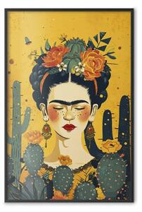 Poster: Frida con cactus - ritratto a fumetti su sfondo arancione
