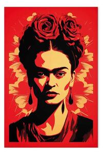 Quadro contemporaneo Frida Kahlo - ritratto con rose sulla testa su sfondo rosso