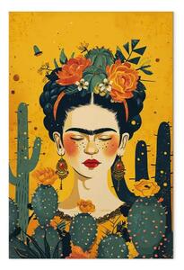 Quadro moderno Frida con cactus - ritratto della pittrice su sfondo arancione