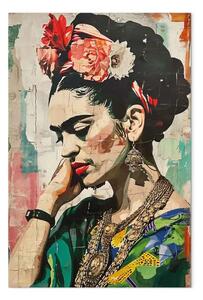 Quadro contemporaneo Frida Kahlo - ritratto colorato di una donna su un muro crepato