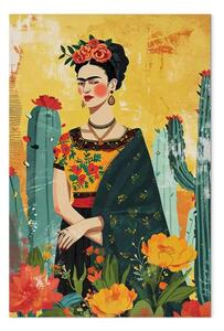 Quadro su tela Frida Kahlo - rappresentazione artistica dell'artista con cactus