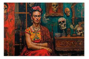 Quadro moderno Frida Kahlo - composizione con la pittrice in una stanza con teschi