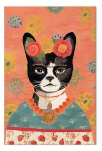 Quadro moderno Ritratto di animale - gatto con fiori ispirato all'immagine di Frida