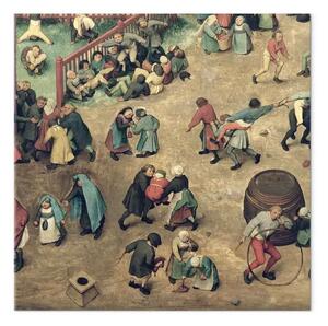 Quadro famoso Pieter Bruegel the Elder - Giochi per bambini (Kinderspiele): dettaglio della sezione di sinistra che mostra i bambini che giocano a bowling, fanno verticali, giocano con un cavallo da hobby e altri giochi