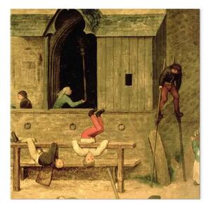 Quadro famoso Pieter Bruegel the Elder - Giochi per bambini (Kinderspiele): dettaglio di un ragazzo sui trampoli e bambini che giocano nei ceppi