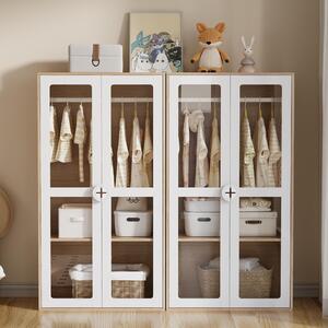 Armadio per bambini Sweiko, armadio a due ante, armadio in vetro, con barra appendiabiti, combinazione di armadi a 2 pezzi, colore bianco + legno naturale, pannelli laccati + truciolato, 160×50×150cm