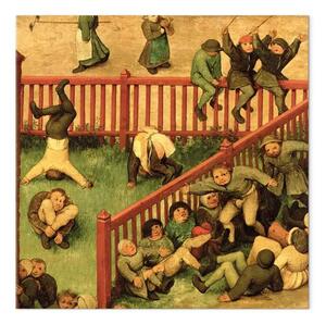 Riproduzione Pieter Bruegel the Elder - Giochi per bambini (Kinderspiele): dettaglio della sezione di sinistra che mostra i bambini che corrono il guanto di sfida, fanno ginnastica e si tengono in equilibrio su una recinzione