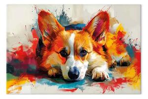 Quadro su tela Cane pittore - Corgi in attesa di un osso tra le vernici colorate