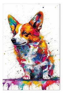 Quadro contemporaneo Cane colorato - Corgi felice tra i colori su sfondo bianco