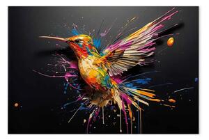 Quadro su tela Uccello colorato - visione ad acquerello di un colibrì su sfondo nero