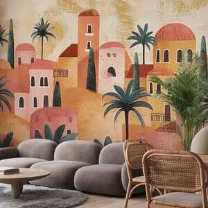 Carta da parati moderna Città tra le palme - paesaggio con case in stile terracotta