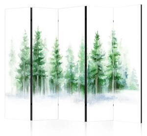Paravento Bosco di abeti II - alberi dipinti ad acquerello con colori verdi
