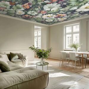 Carta da parati moderna Piante ad acquerello - fiori e foglie in tenui tonalità di verde