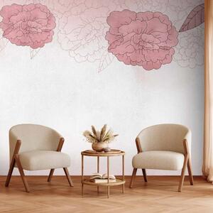 Carta da parati moderna Peonie in fiore III - fiori rosa e bianchi su sfondo grigio
