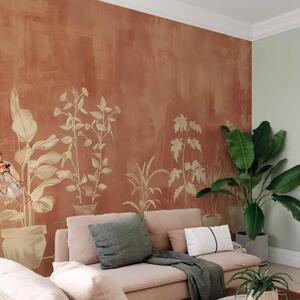 Carta da parati Contorni di vasi da fiori - motivo su sfondo color terracotta