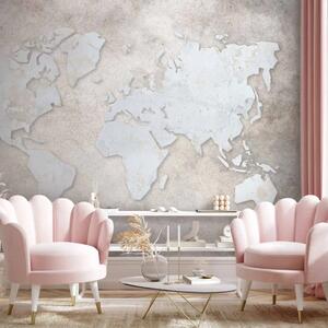 Carta da parati moderna Terra primordiale - mappa del mondo con continenti bianchi su sfondo grigio