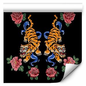 Tappezzerie Oriental Pattern - Zigzag Tigers and Red Roses on a Dark Background