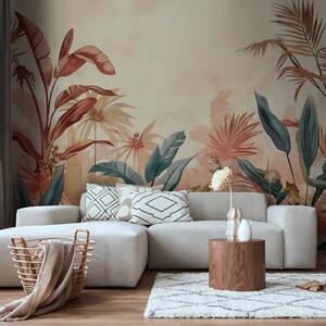 Carta da parati moderna Foglie tropicali - composizione con piante su sfondo color terracotta