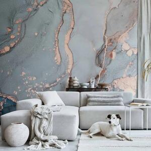 Carta da parati moderna Onda di rame - linee sottili rame su sfondo blu-grigio