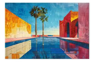 Quadro contemporaneo Palme e architettura - pareti colorate e piscina blu in clima caldo