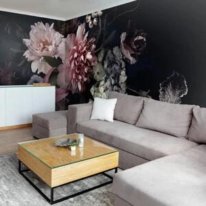 Carta da parati moderna Bouquet olandese II - fiori rosa e bianchi su sfondo scuro